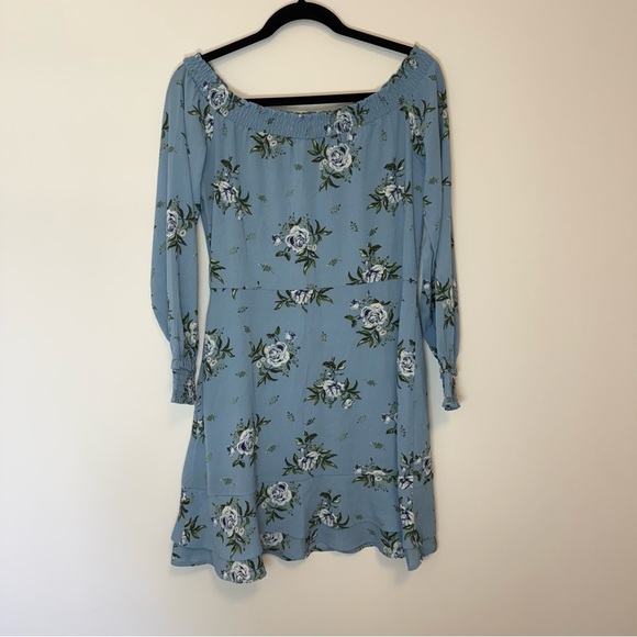 H&M Floral Blue Off-Shoulder Minidress with Long Sleeves Size 14 - Picture 2 of 7
